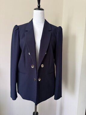 Bar III Navy Open Front Blazer Gold Buttons Puff Shoulder Size Large